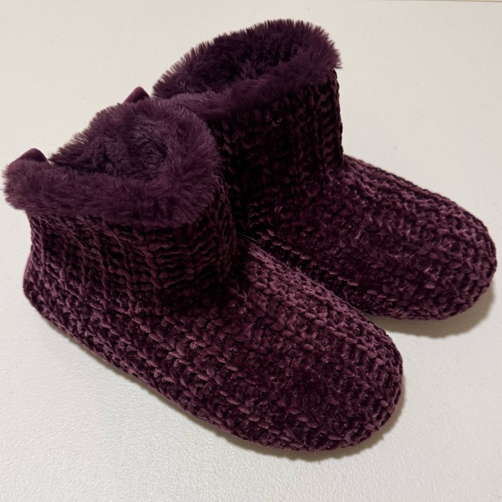 DEARFOAMS Chenille Chunky Knit Bootie Slippers Aubergine M 7-8